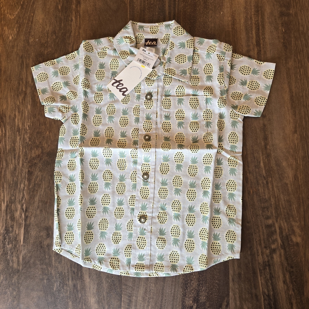 Nwt Tea Collection Blue Pinnapple Button Down Shirt 55% Linen 45% Cotton Size 3